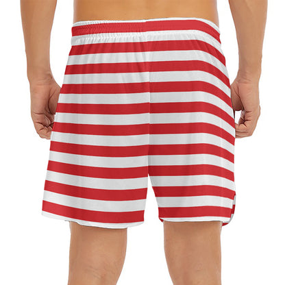 Red And White Striped Pattern Print Men's Split Running Shorts