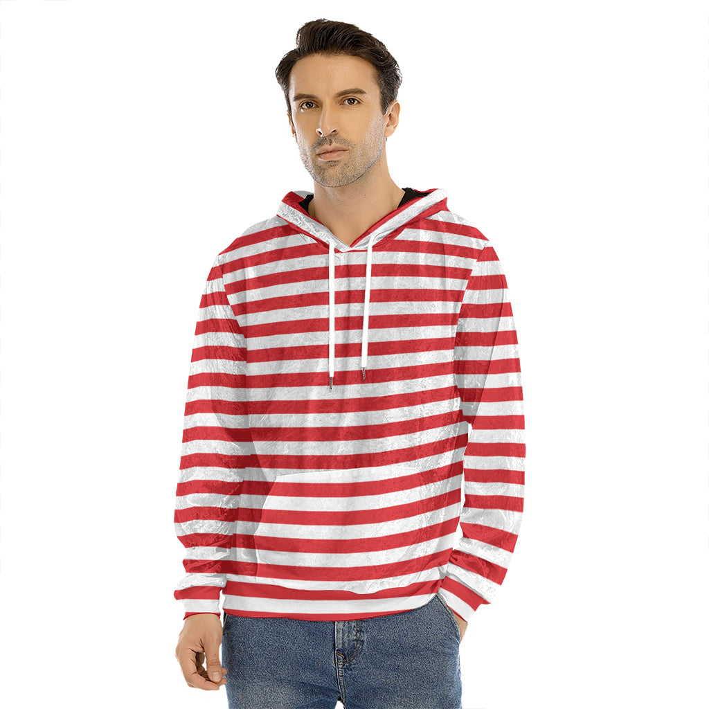 Red And White Striped Pattern Print Men's Velvet Pullover Hoodie