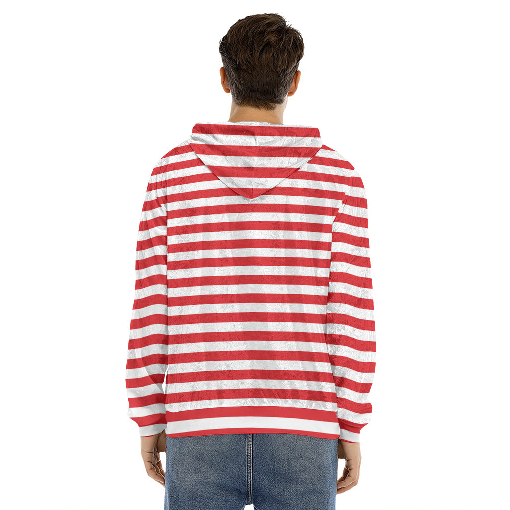 Red And White Striped Pattern Print Men's Velvet Pullover Hoodie