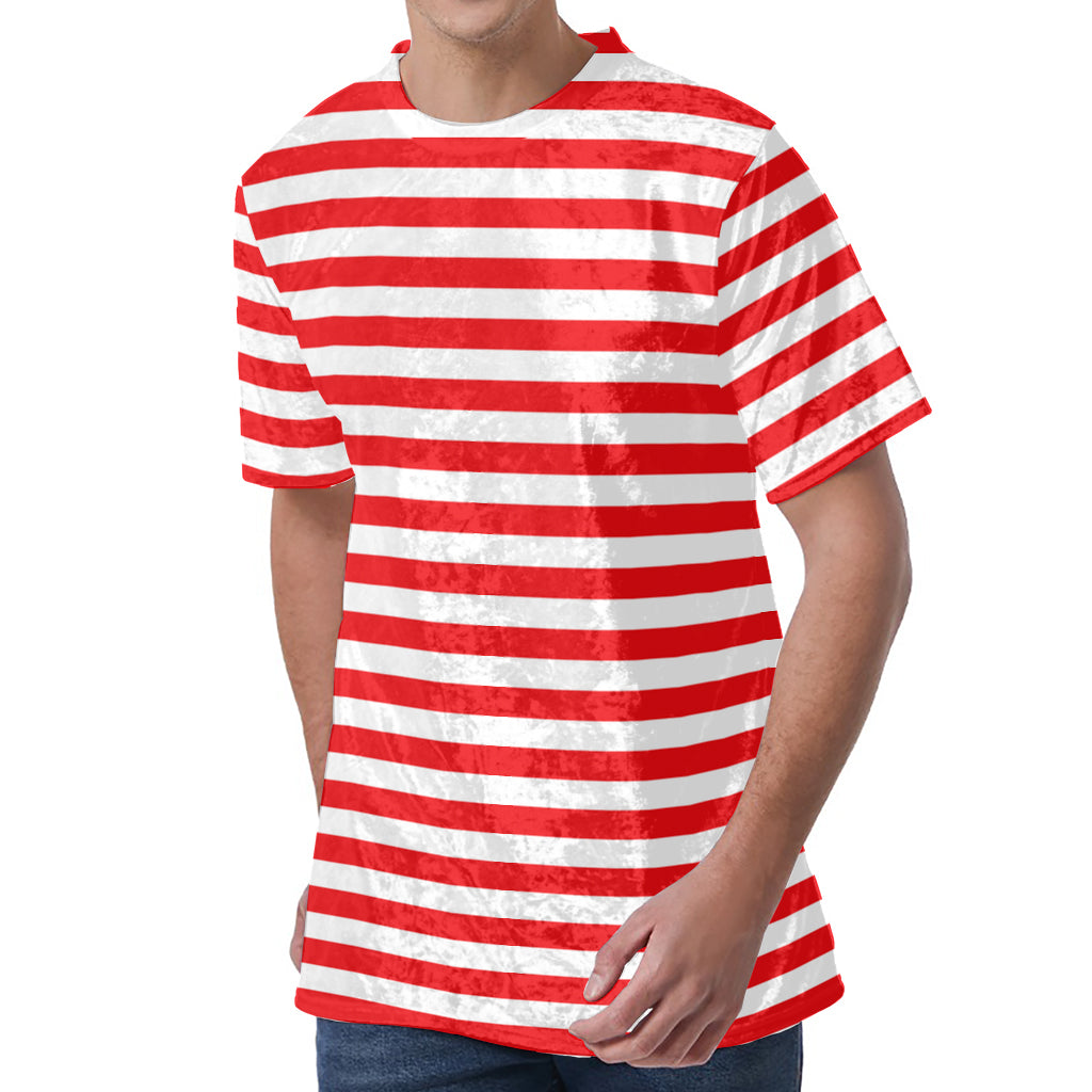 Red And White Striped Pattern Print Men's Velvet T-Shirt