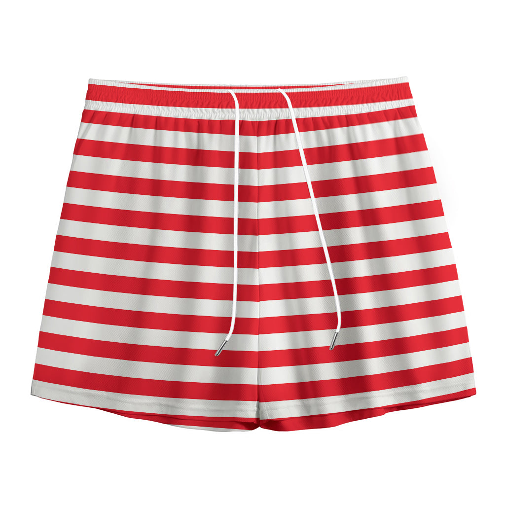 Red And White Striped Pattern Print Mesh Shorts