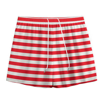 Red And White Striped Pattern Print Mesh Shorts