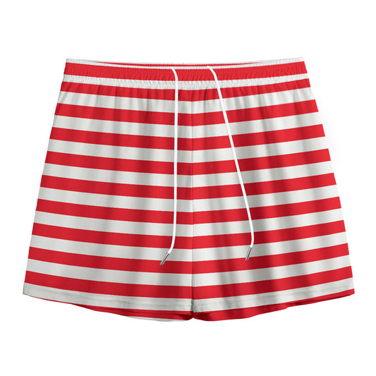 Red And White Striped Pattern Print Mesh Shorts