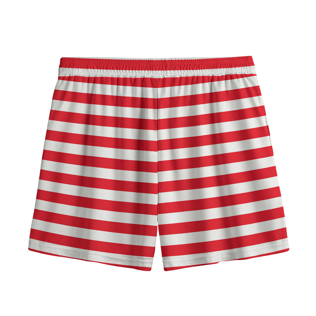Red And White Striped Pattern Print Mesh Shorts