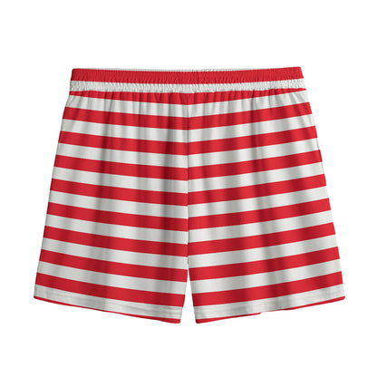 Red And White Striped Pattern Print Mesh Shorts