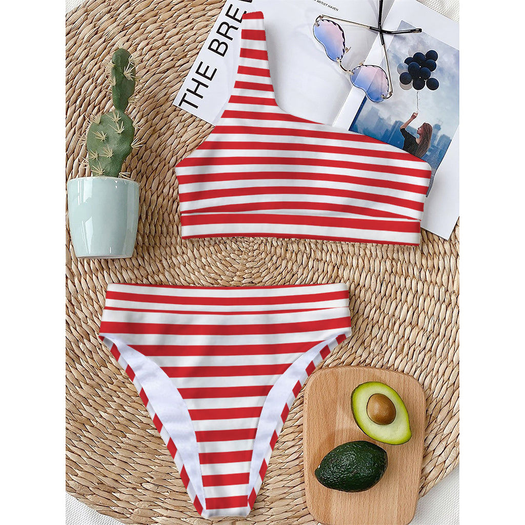Red And White Striped Pattern Print One Shoulder Bikini Top