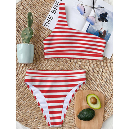 Red And White Striped Pattern Print One Shoulder Bikini Top