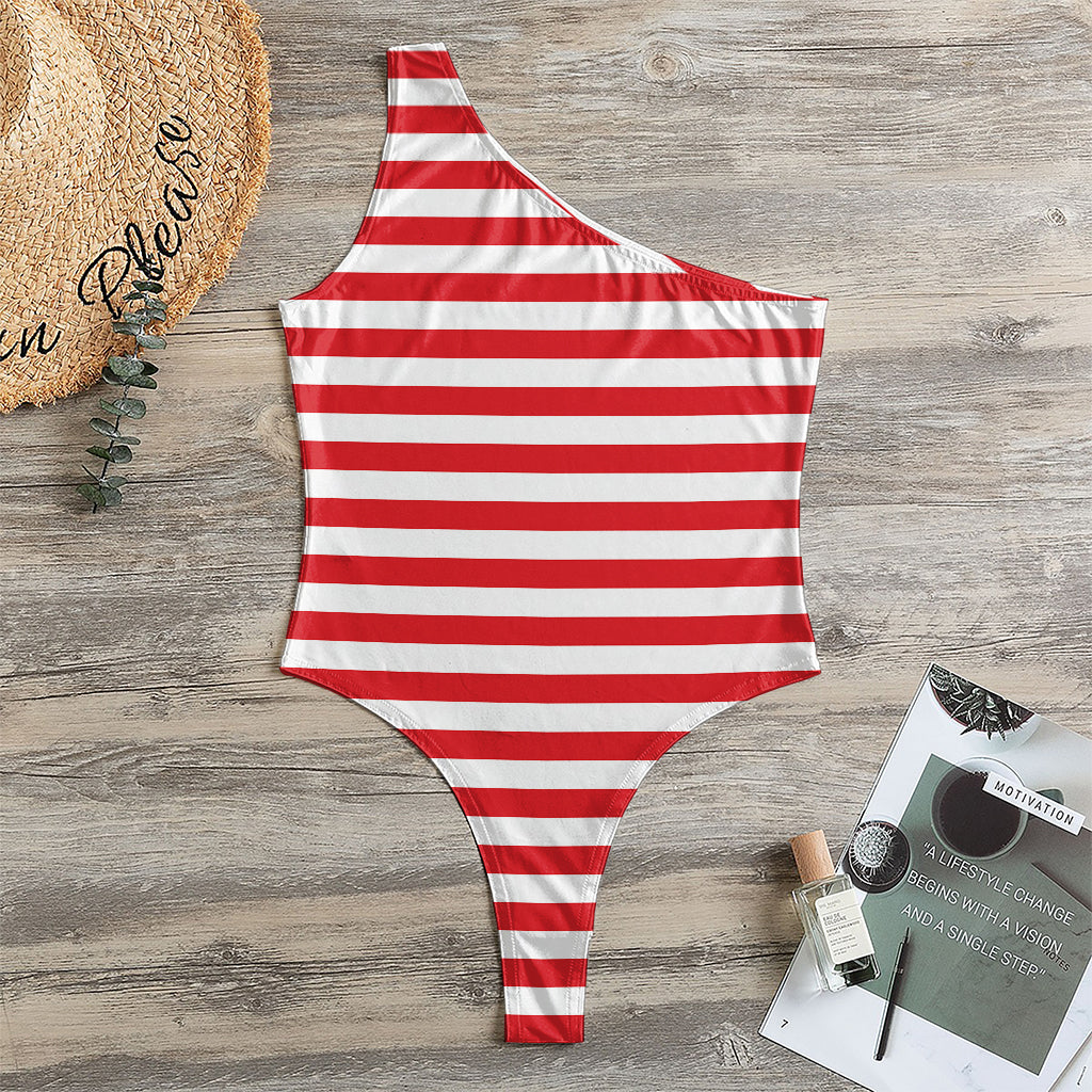 Red And White Striped Pattern Print One Shoulder Bodysuit