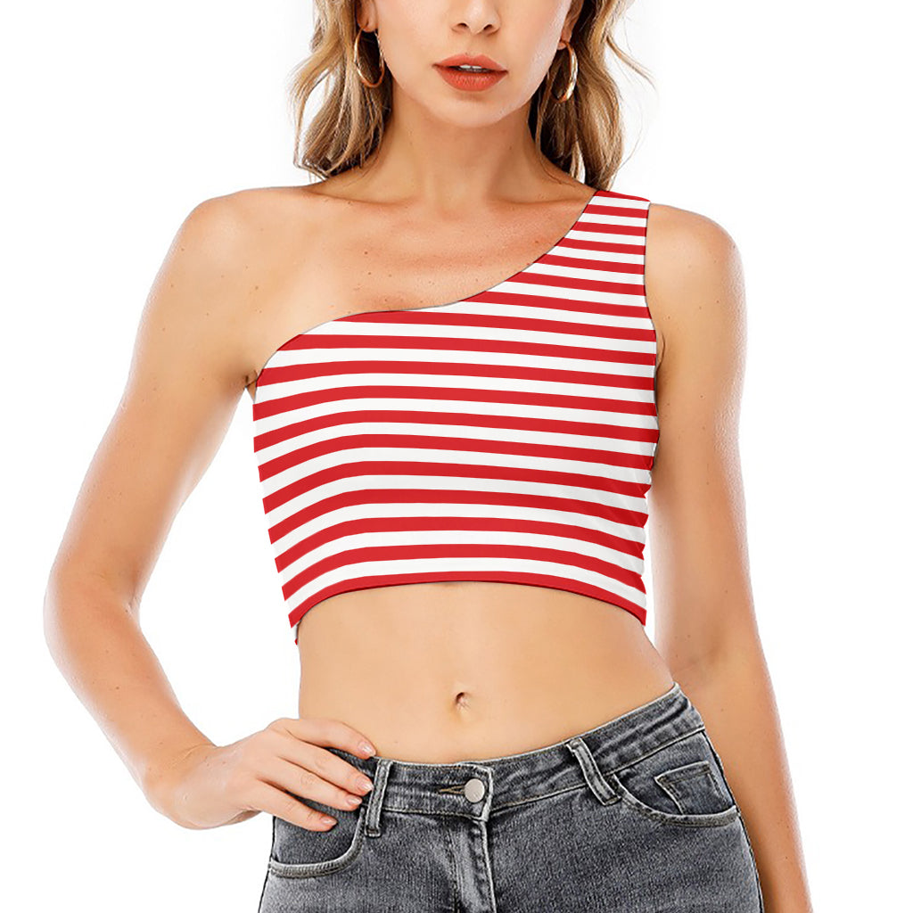 Red And White Striped Pattern Print One Shoulder Crop Top