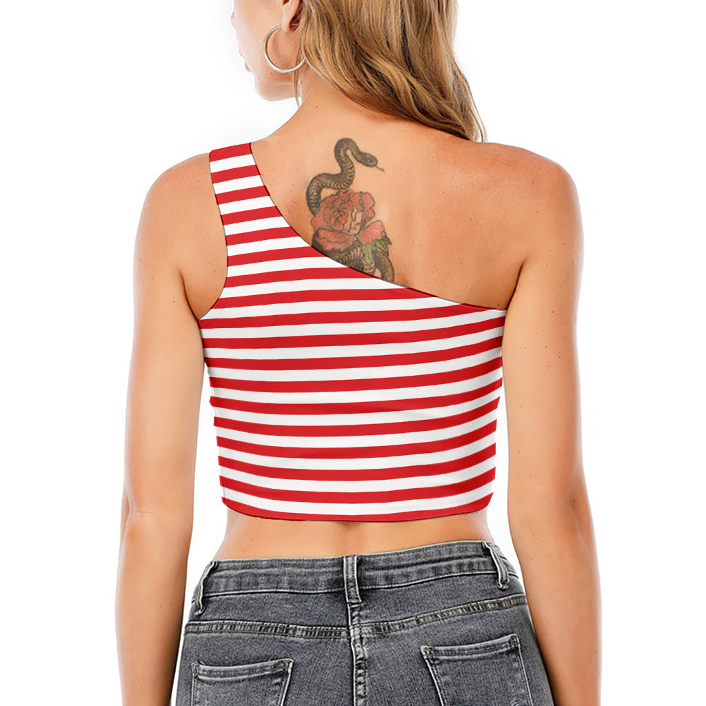 Red And White Striped Pattern Print One Shoulder Crop Top