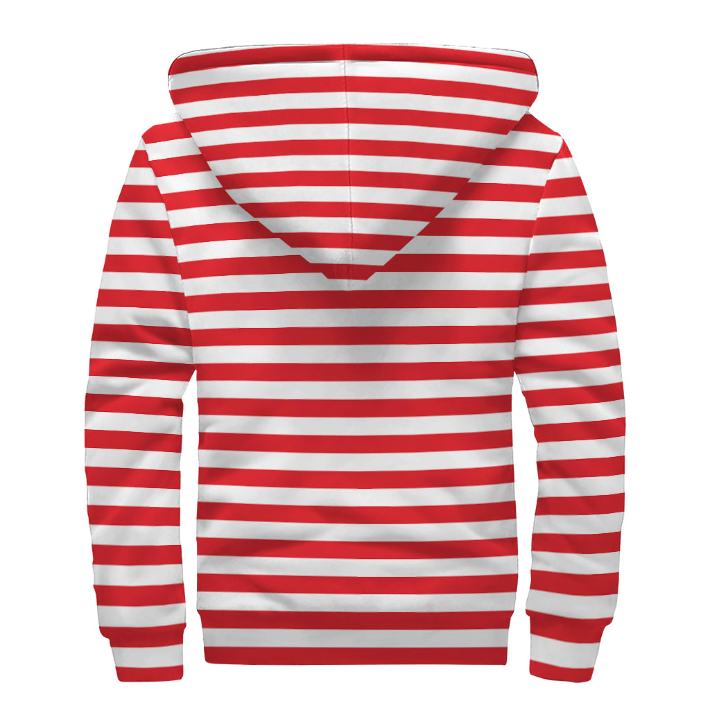 Red And White Striped Pattern Print Sherpa Lined Zip Up Hoodie