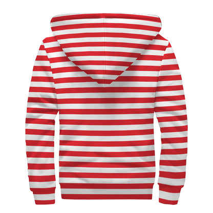 Red And White Striped Pattern Print Sherpa Lined Zip Up Hoodie