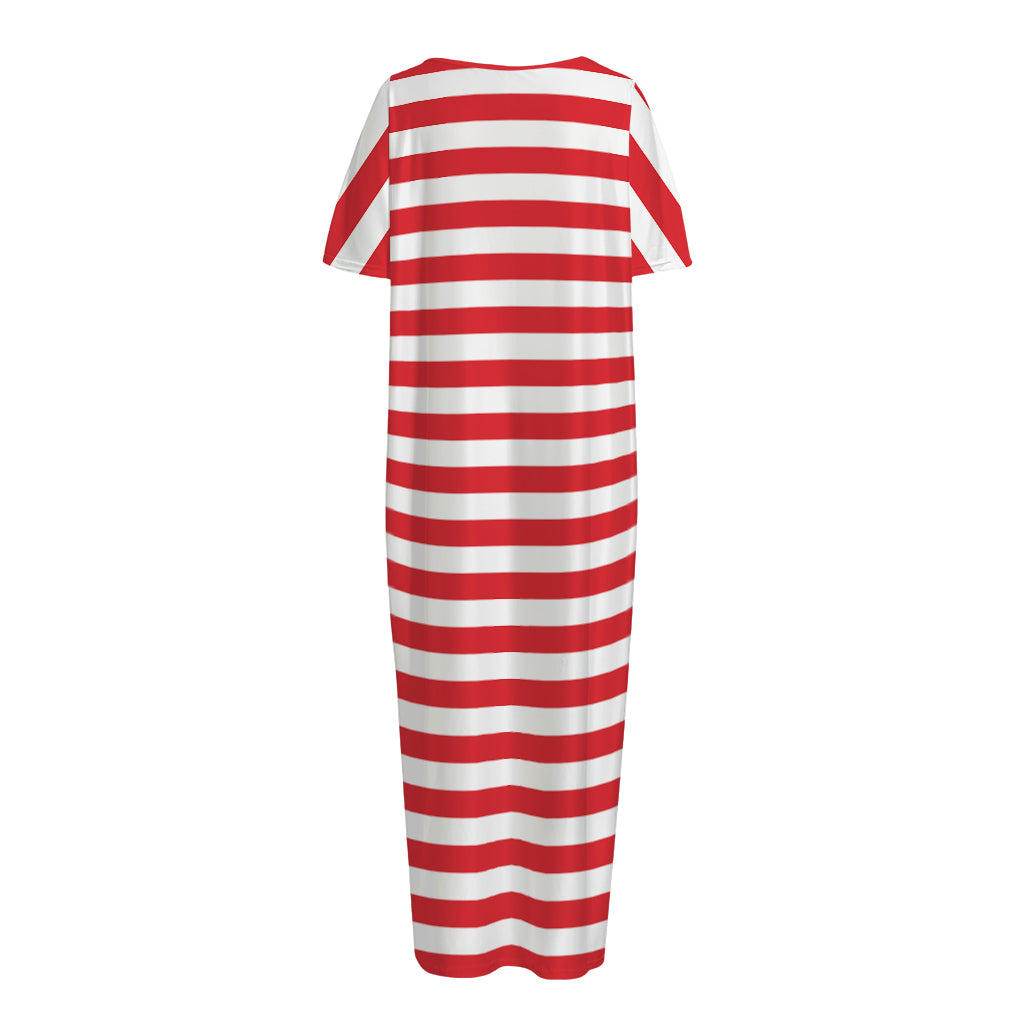 Red And White Striped Pattern Print Short Sleeve Long Nightdress