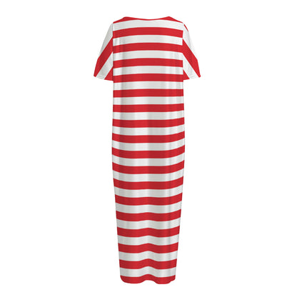 Red And White Striped Pattern Print Short Sleeve Long Nightdress