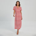 Red And White Striped Pattern Print Short Sleeve Maxi Dress