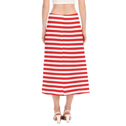 Red And White Striped Pattern Print Side Slit Midi Skirt