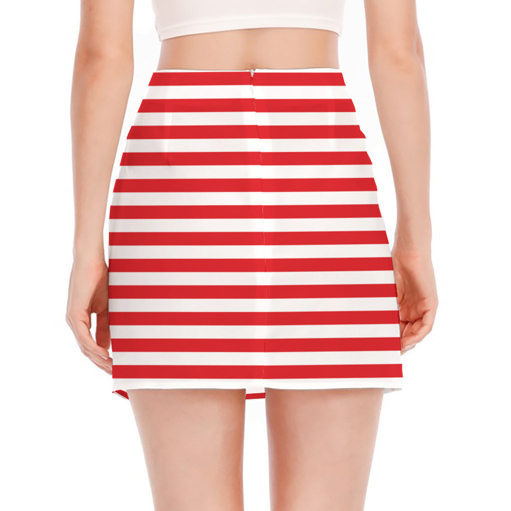Red And White Striped Pattern Print Side Slit Mini Skirt