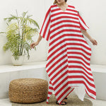 Red And White Striped Pattern Print Silk V-Neck Kaftan Dress
