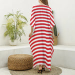 Red And White Striped Pattern Print Silk V-Neck Kaftan Dress