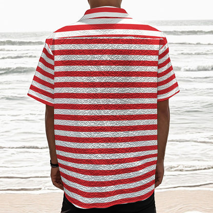 Red And White Striped Pattern Print Textured Short Sleeve Shirt