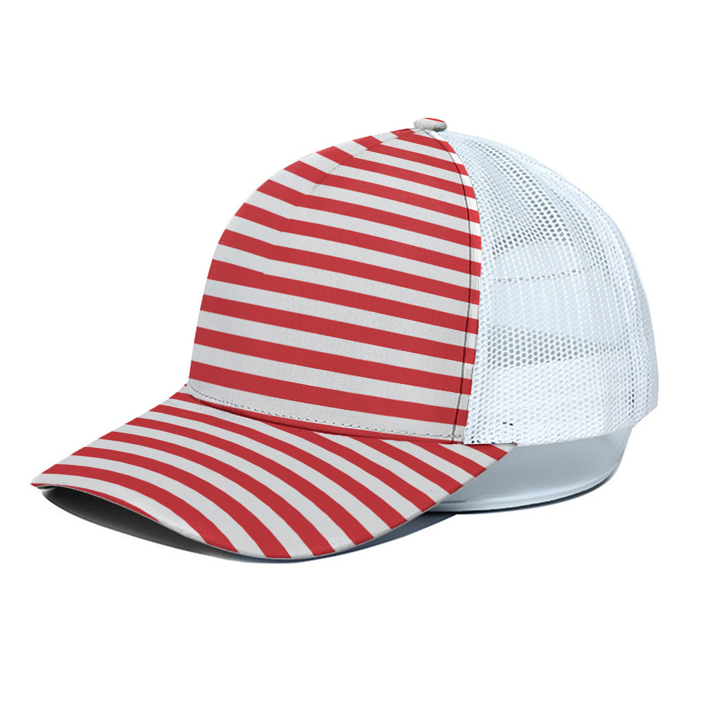 Red And White Striped Pattern Print White Mesh Trucker Cap