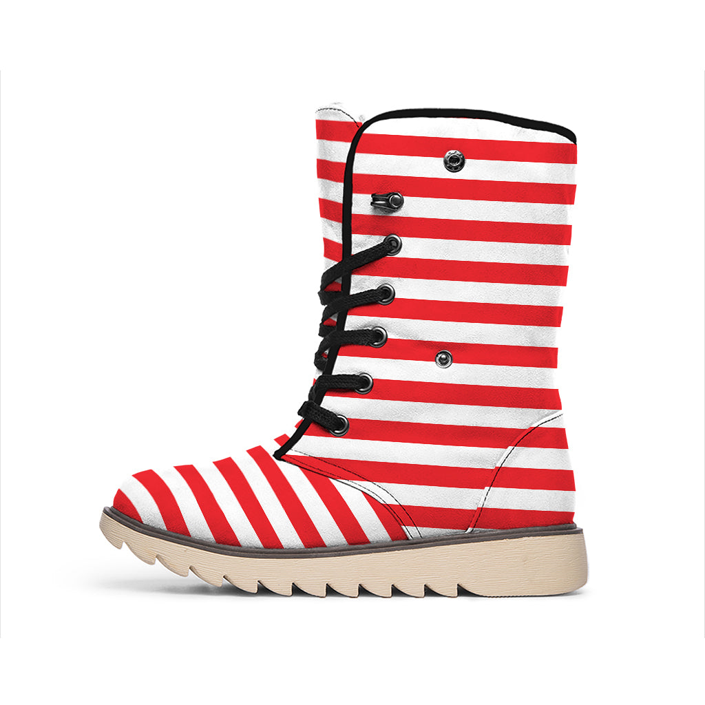Red And White Striped Pattern Print Winter Boots
