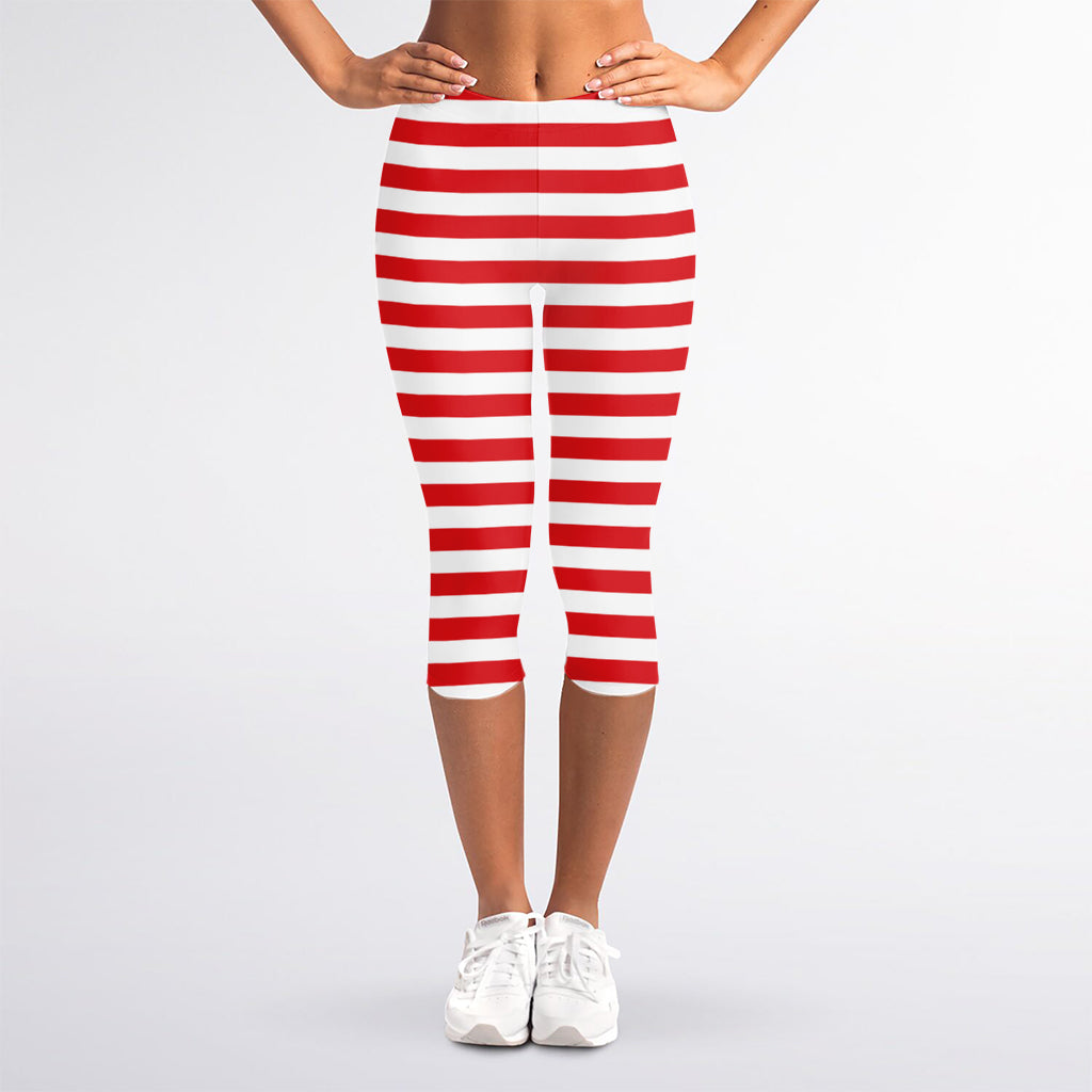 Red And White Striped Pattern Print Women's Capri Leggings