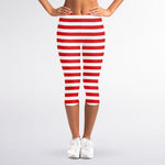 Red And White Striped Pattern Print Women's Capri Leggings