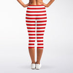 Red And White Striped Pattern Print Women's Capri Leggings
