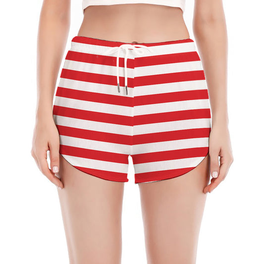 Red And White Striped Pattern Print Women's Split Running Shorts