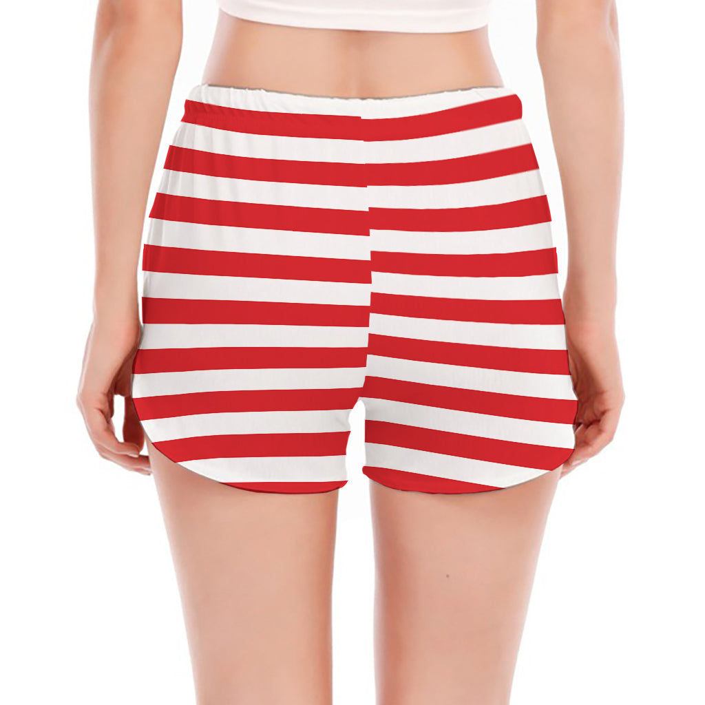 Red And White Striped Pattern Print Women's Split Running Shorts