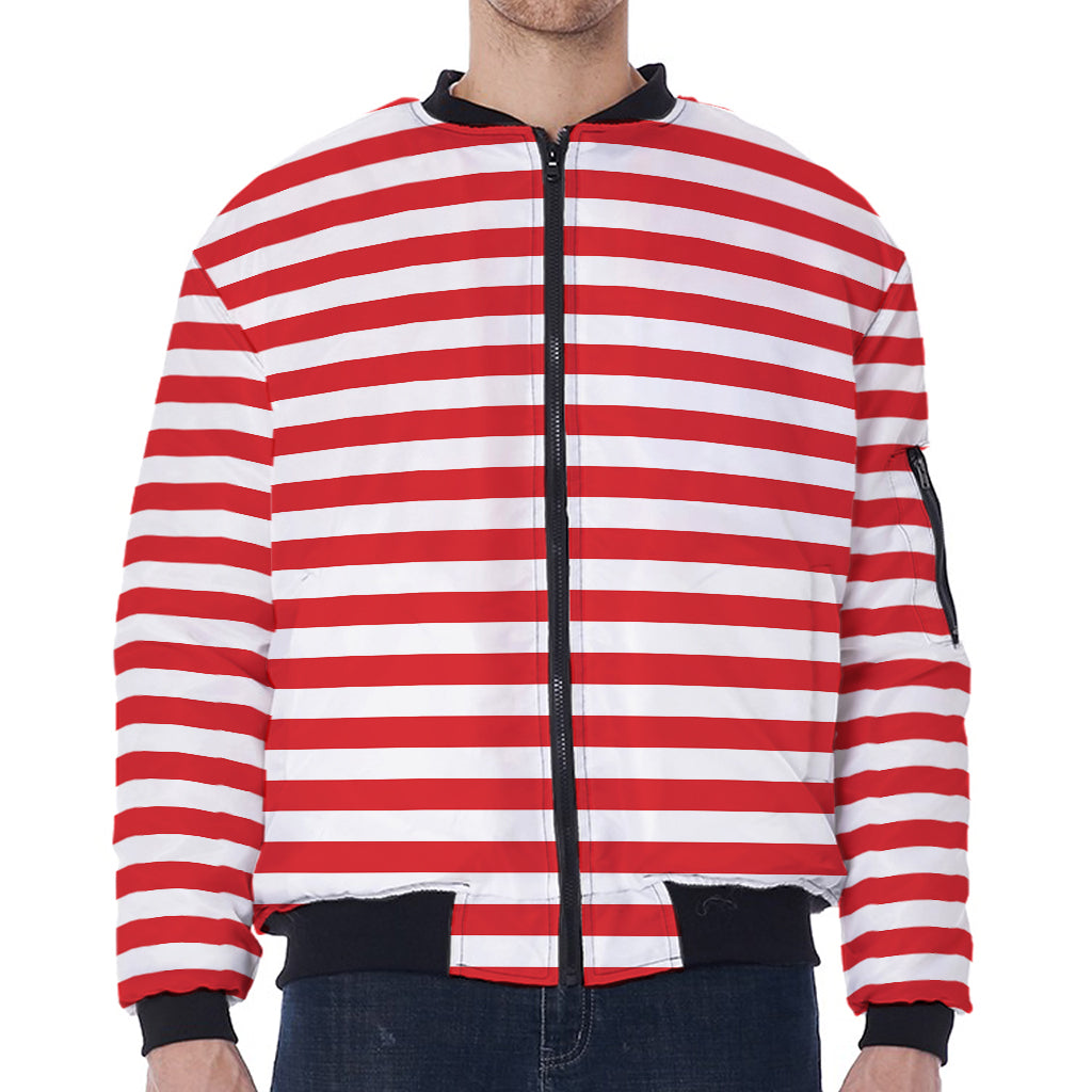 Red And White Striped Pattern Print Zip Sleeve Bomber Jacket