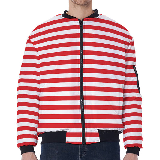 Red And White Striped Pattern Print Zip Sleeve Bomber Jacket