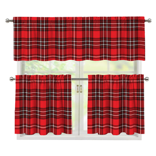 Red And White Tartan Pattern Print 3 Piece Kitchen Curtains