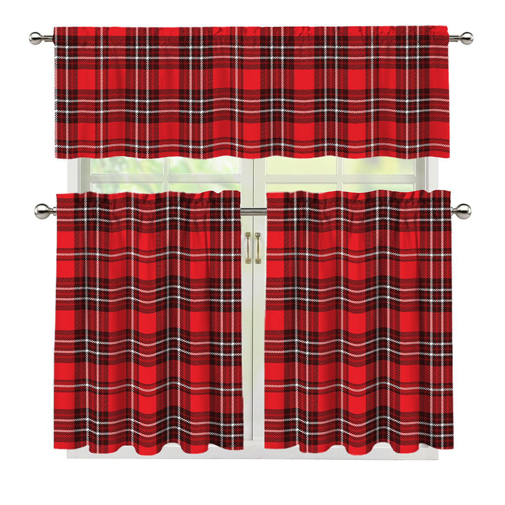 Red And White Tartan Pattern Print 3 Piece Kitchen Curtains