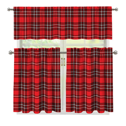 Red And White Tartan Pattern Print 3 Piece Kitchen Curtains