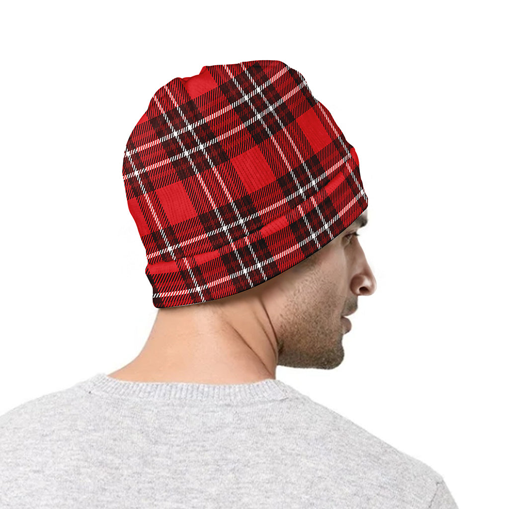 Red And White Tartan Pattern Print Beanie