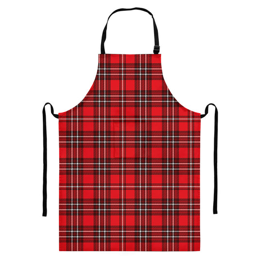 Red And White Tartan Pattern Print Bib Apron With Pocket