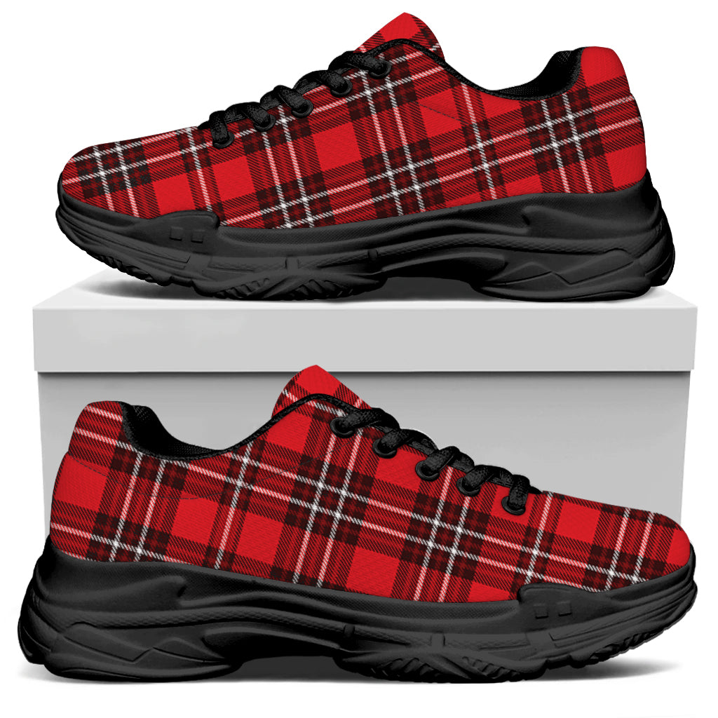 Red And White Tartan Pattern Print Black Chunky Shoes