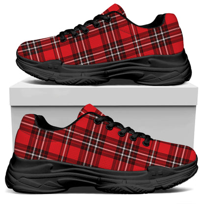 Red And White Tartan Pattern Print Black Chunky Shoes
