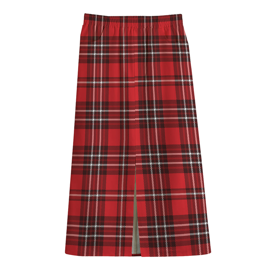 Red And White Tartan Pattern Print Cotton Front Slit Maxi Skirt