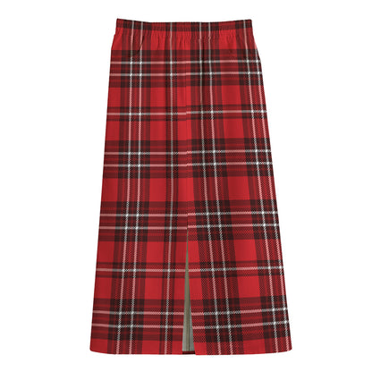Red And White Tartan Pattern Print Cotton Front Slit Maxi Skirt