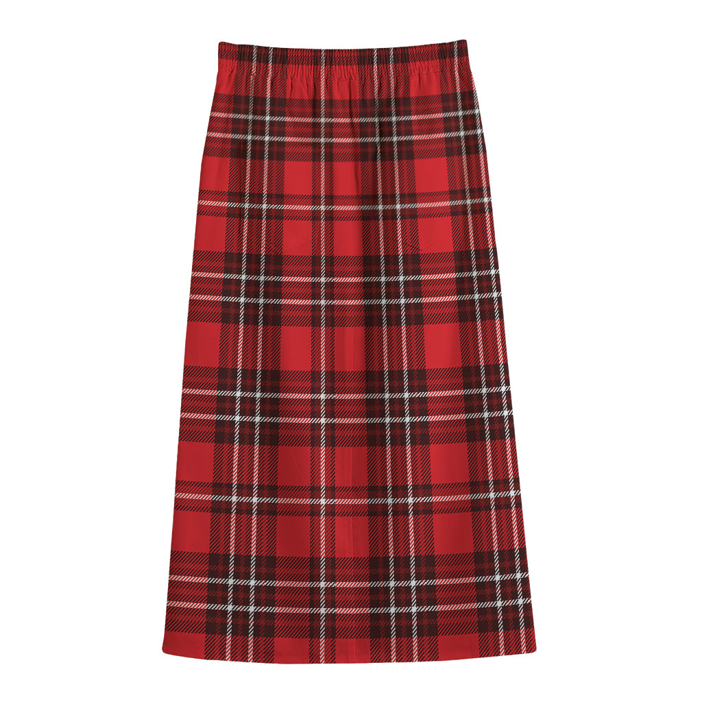 Red And White Tartan Pattern Print Cotton Front Slit Maxi Skirt