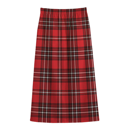 Red And White Tartan Pattern Print Cotton Front Slit Maxi Skirt