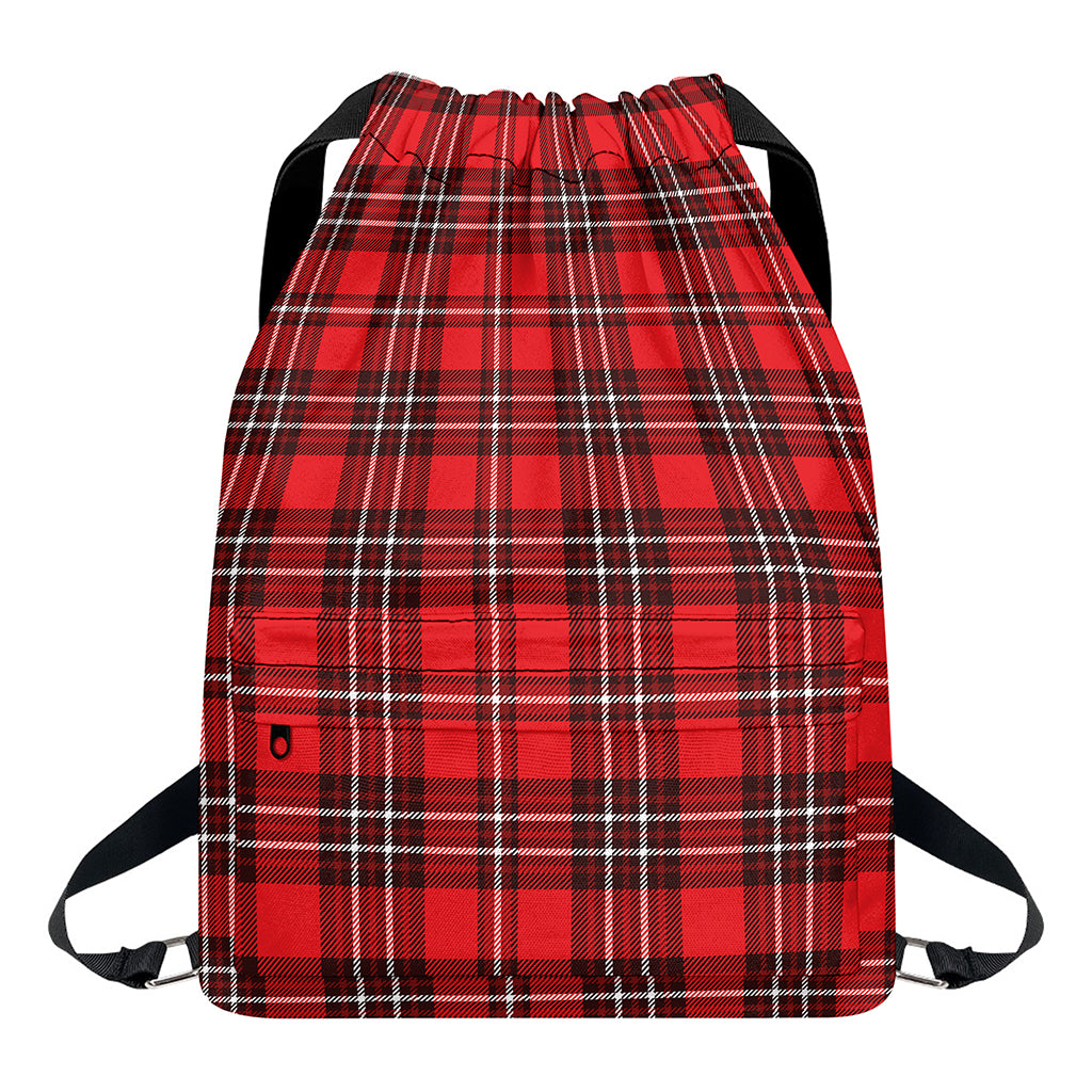 Red And White Tartan Pattern Print Drawstring Backpack
