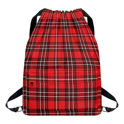 Red And White Tartan Pattern Print Drawstring Backpack