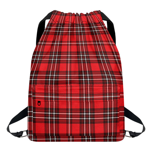 Red And White Tartan Pattern Print Drawstring Backpack