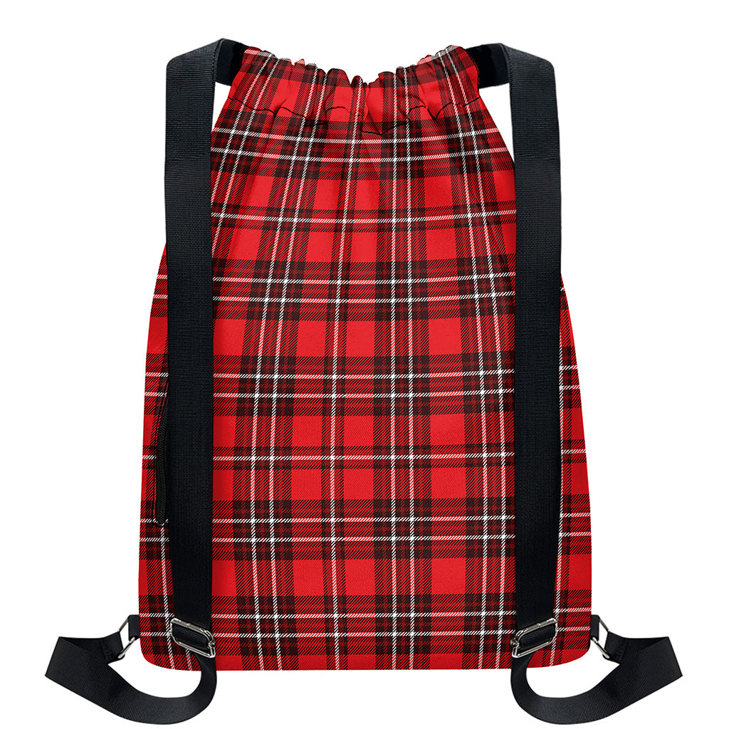 Red And White Tartan Pattern Print Drawstring Backpack