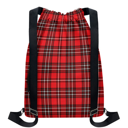 Red And White Tartan Pattern Print Drawstring Backpack