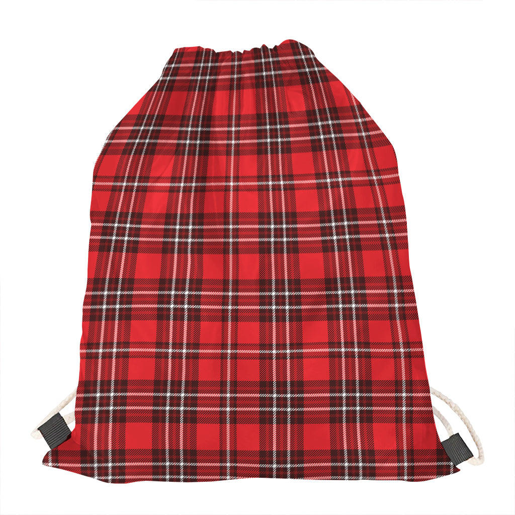Red And White Tartan Pattern Print Drawstring Bag